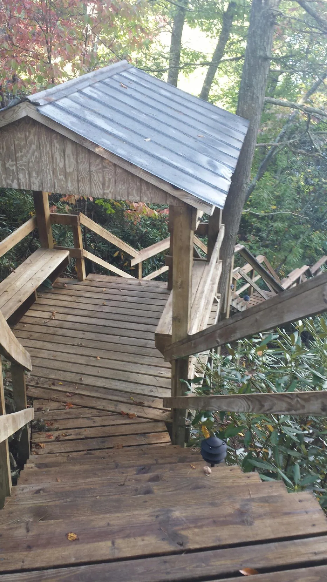 Metal roofed shelter over wooden steps on a wooded walkway — Skylight Repair & Installation work by our crew in Artesia